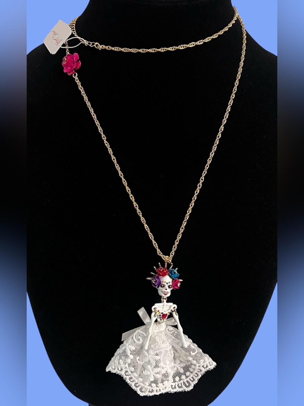 Betsey Johnson Gold-Tone Skeleton Doll Necklace with Pink, Purple & Blue Accents